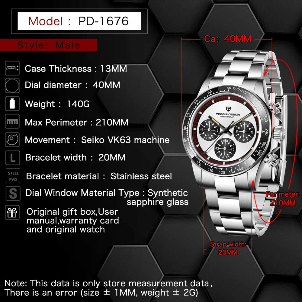 2024 New PAGANI DESIGN Men's Watches Retro Sports Quartz Watch for Men Stainless Steel Waterproof Chronograph Japan VK63 Clock