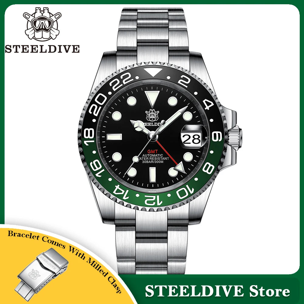 NH34 Movement New In 2023 Four Hands GMT STEELDIVE 41MM SD1993 Super Luminous 300M Waterproof Mens Dive Watch Reloj Ceramic Bzl