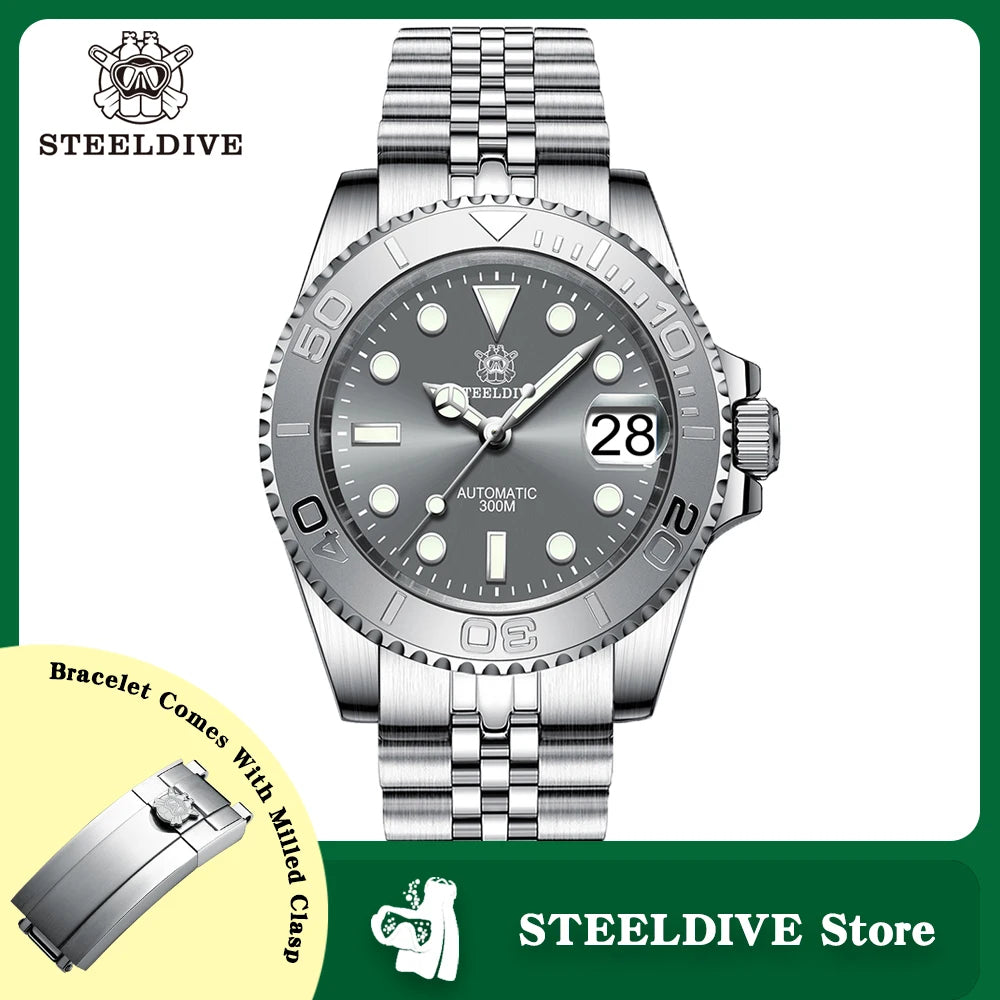 SD1953 STEELDIVE 41mm Super Luminous 30ATM Water Resistant NH35 Automatic Sapphire Water Ghost Mens Dive Watch Milled Clasp