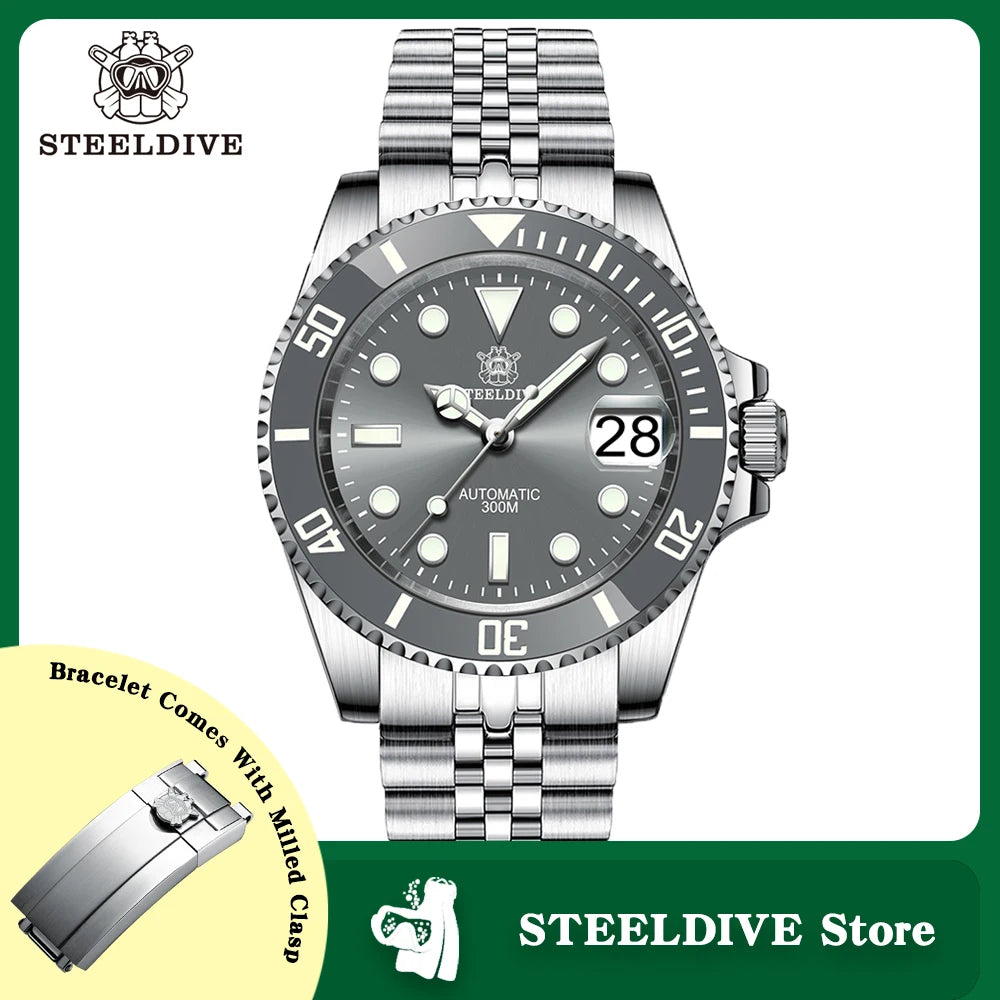 SD1953 STEELDIVE 41mm Super Luminous 30ATM Water Resistant NH35 Automatic Sapphire Water Ghost Mens Dive Watch Milled Clasp