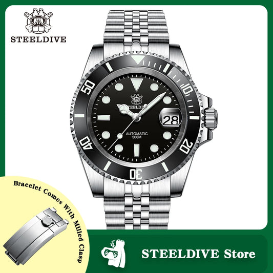 SD1953 STEELDIVE 41mm Super Luminous 30ATM Water Resistant NH35 Automatic Sapphire Water Ghost Mens Dive Watch Milled Clasp