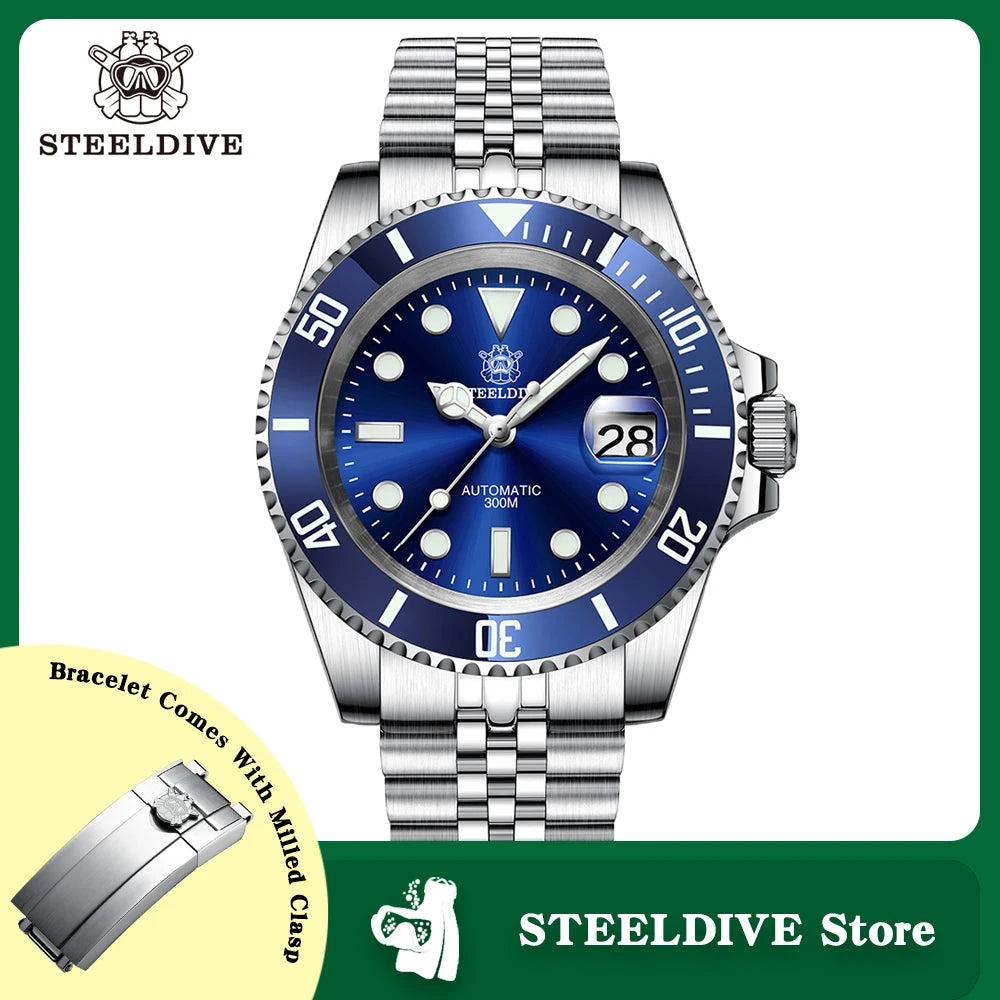 SD1953 STEELDIVE 41mm Super Luminous 30ATM Water Resistant NH35 Automatic Sapphire Water Ghost Mens Dive Watch Milled Clasp