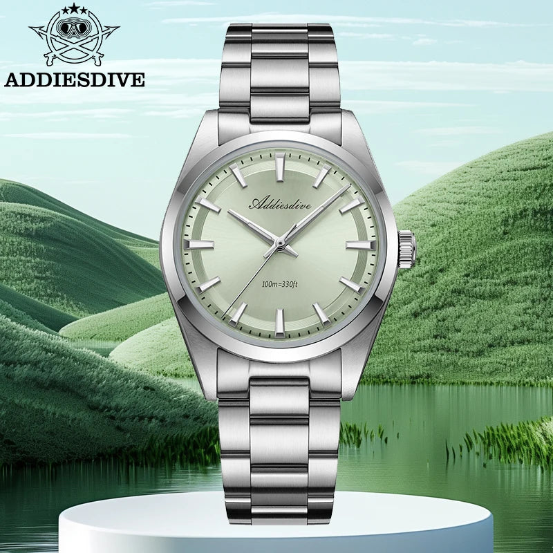 ADDIESDIVE Watch For Men AD2066 New 36mm Quartz Dome Glass AR Coating 100m Waterproof Luminous Stainless Steel VH31 Wristwatch