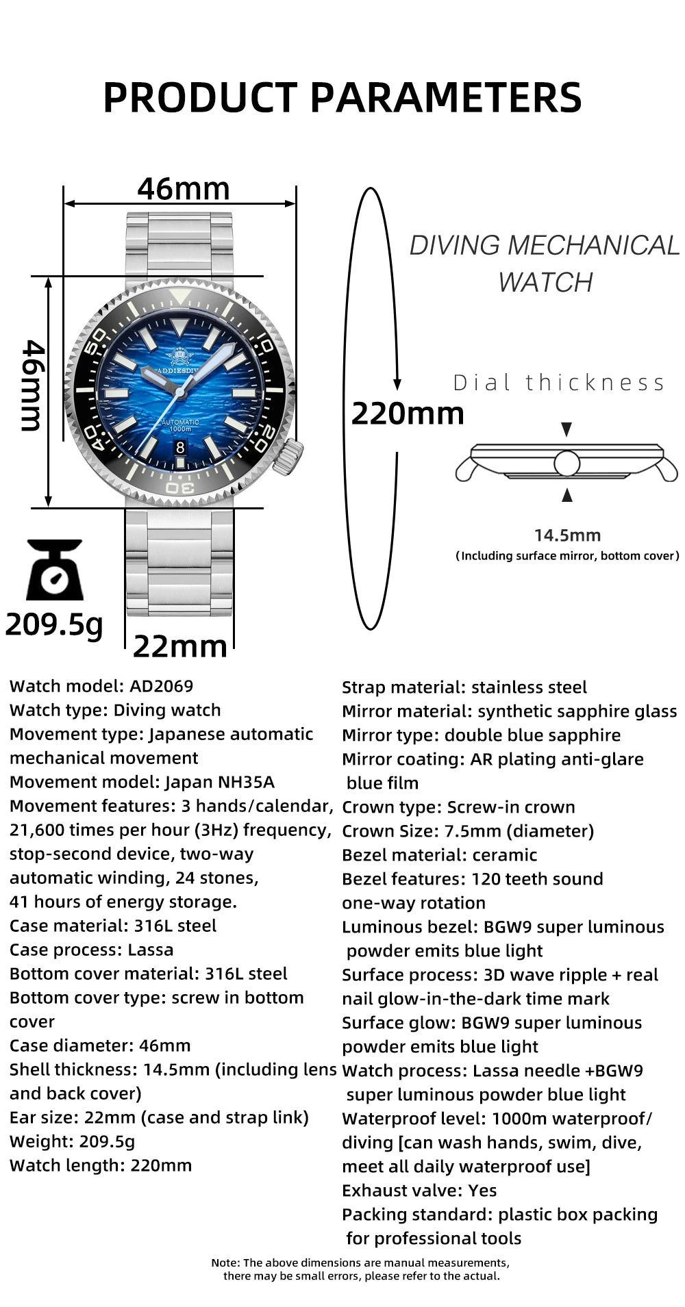 ADDIESDIVE NEW 1000M Diver Automatic Mechanical Watch Sapphire Glass Luminous 46MM Man Watches Ceramic Bezel AD2069 reloj hombre