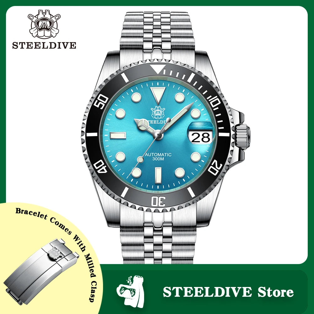 SD1953 STEELDIVE 41mm Super Luminous 30ATM Water Resistant NH35 Automatic Sapphire Water Ghost Mens Dive Watch Milled Clasp