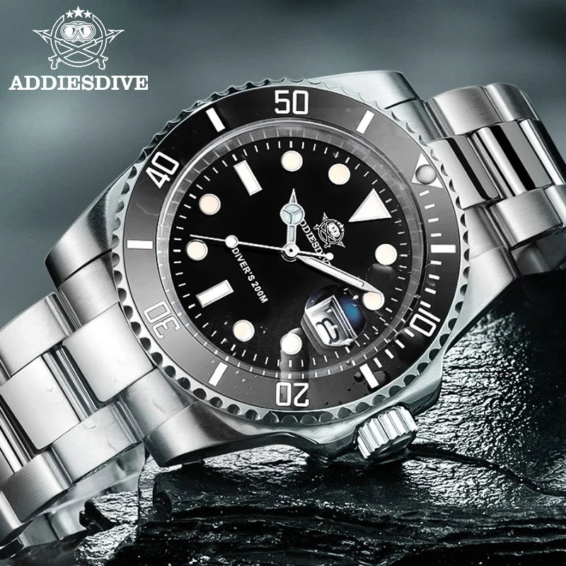 ADDIESDIVE Men's European and American Business Quartz Watch Stainless Steel 200M Diver Luxury Luminous Ceramic Bezel Wristwatch