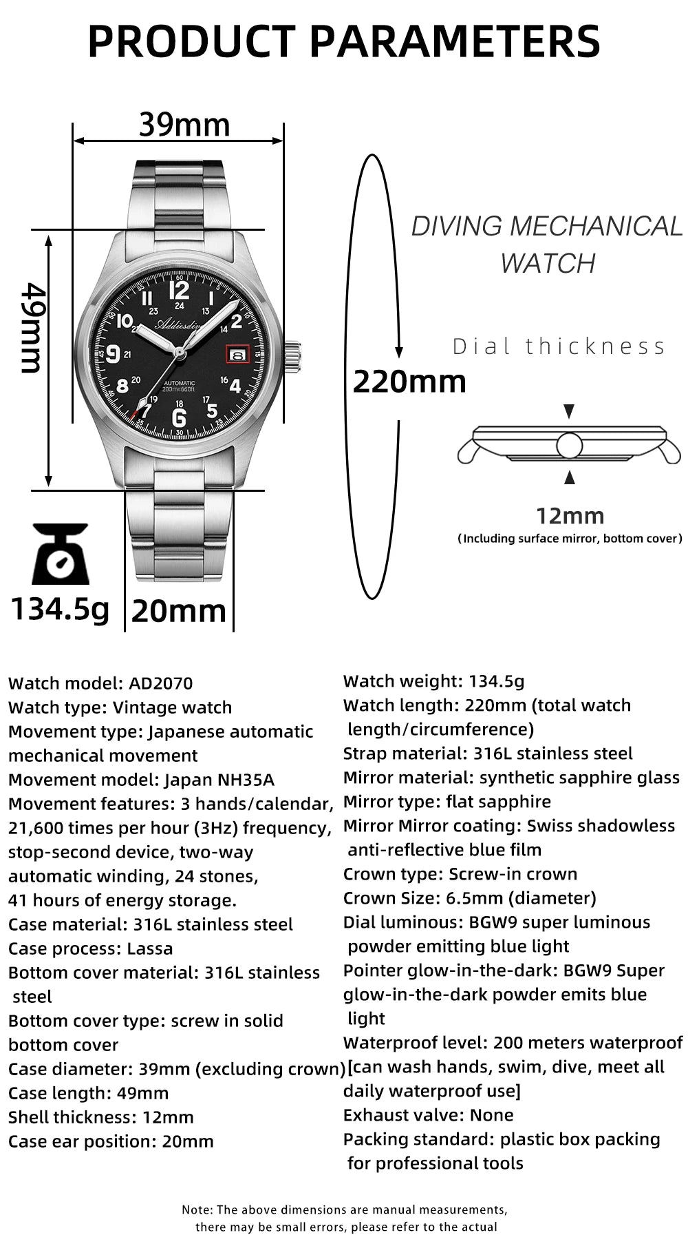 ADDIESDIVE NEW Men's Watch Sapphire Crystal 20Bar Waterproof Super Luminous Stainless Steel AD2070 Automatic Mechanical Watches