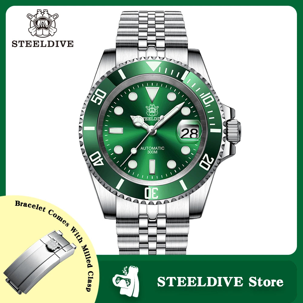 SD1953 STEELDIVE 41mm Super Luminous 30ATM Water Resistant NH35 Automatic Sapphire Water Ghost Mens Dive Watch Milled Clasp