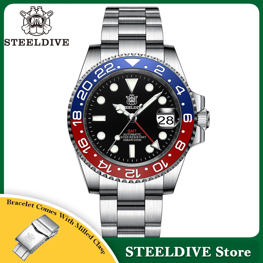 NH34 Movement New In 2023 Four Hands GMT STEELDIVE 41MM SD1993 Super Luminous 300M Waterproof Mens Dive Watch Reloj Ceramic Bzl