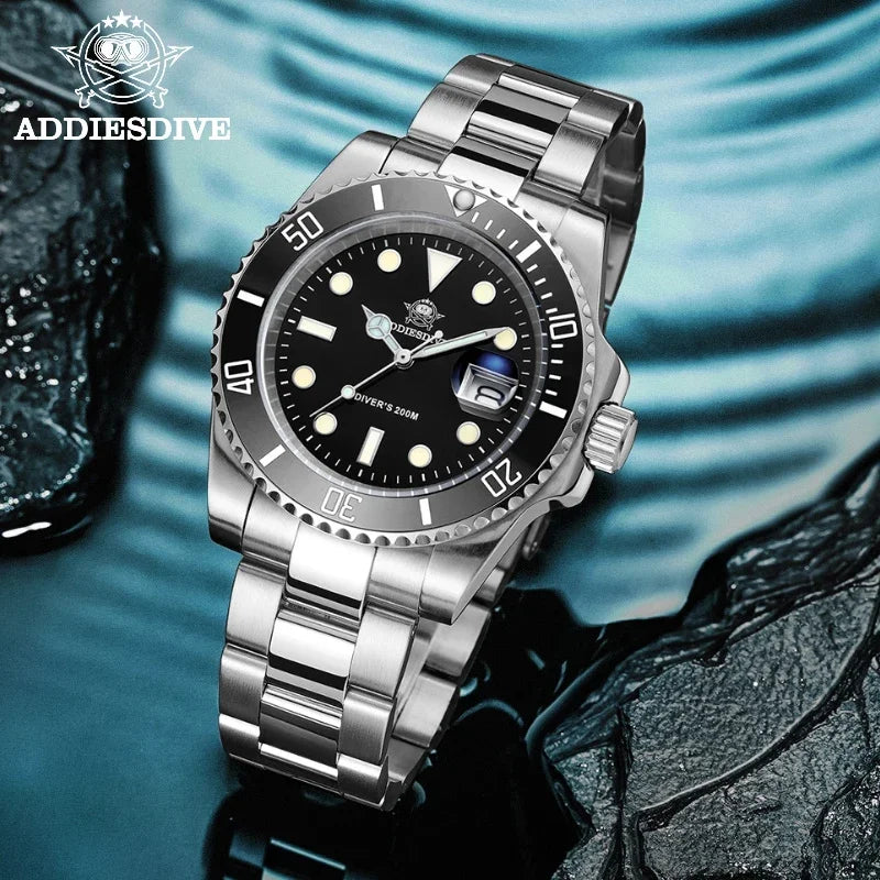 ADDIESDIVE Men's European and American Business Quartz Watch Stainless Steel 200M Diver Luxury Luminous Ceramic Bezel Wristwatch